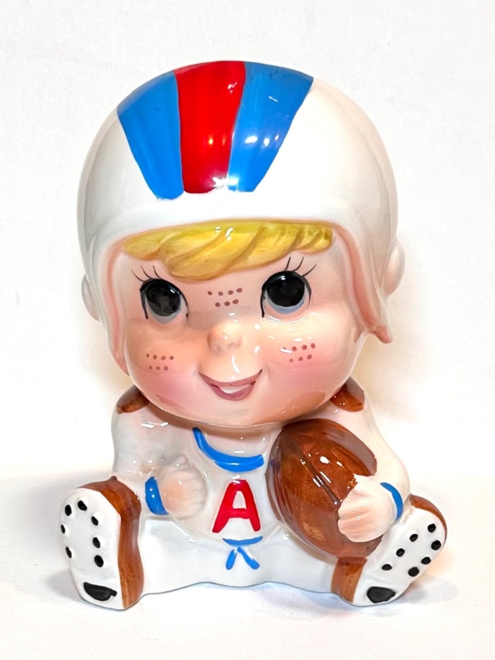 Vintage Ceramic Football Player Boy Planter Parma AAI Japan MCM Blond Big Eyes
